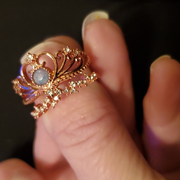 New 2pc 18K Rose Gold Plated Blue Fire Opal White Topaz Crown & Band Set. - Picture 5 of 11